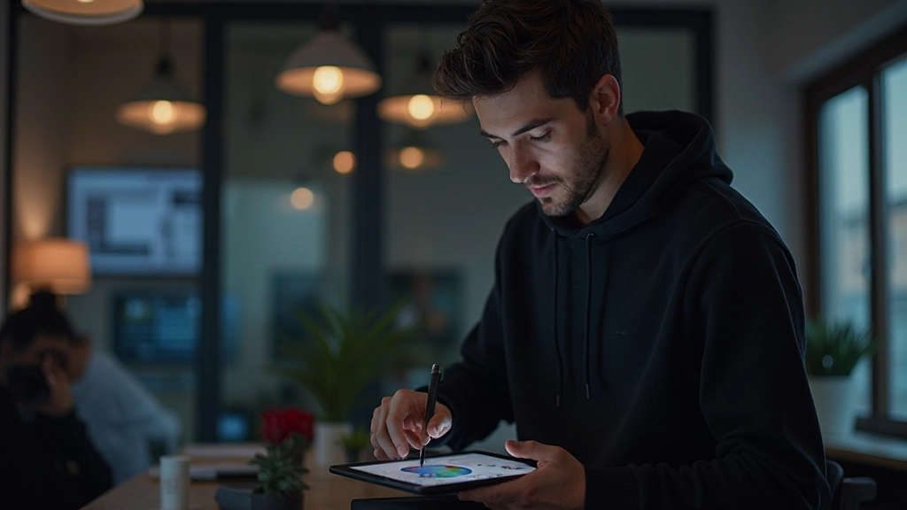 Дизайнер работает над интерактивным прототипом с микровзаимодействиями, демонстрируя анимации и переходы в приложении для дизайна