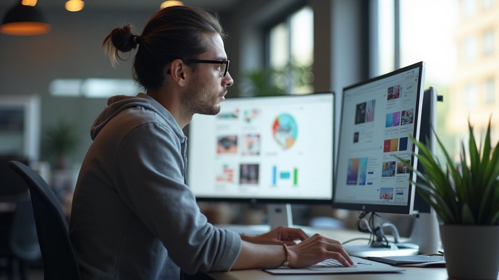 Современный рабочий стол дизайнера с монитором, отображающим макет сайта и палитру цветов